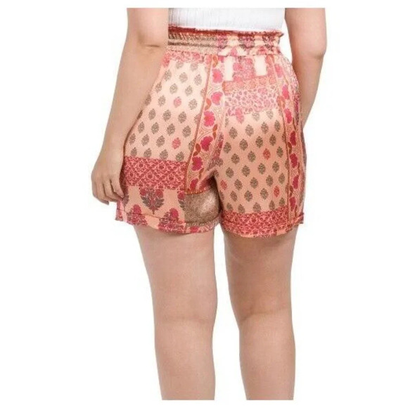 Kaktus + 3X Red Floral Satin Shirred Drawstring Waist Side Pockets Dress Shorts - Picture 3 of 7